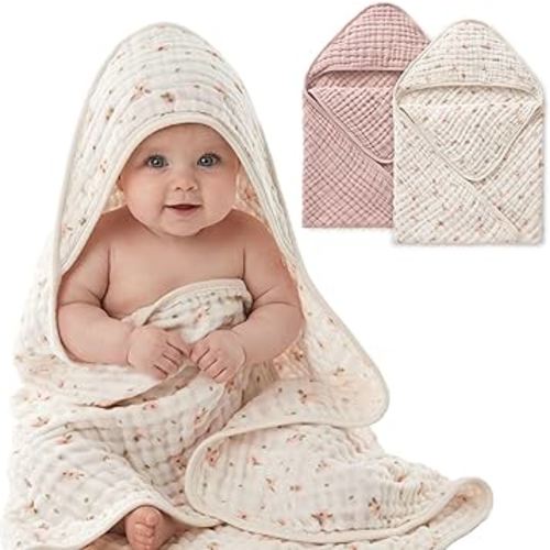 Blissful Diary Muslin Baby Hooded Towel 2 Pack, Soft & Absorbent Bath Towel for Baby Girls, Infant Gift, Newborn Essentials, Pink Floral & Light Pink