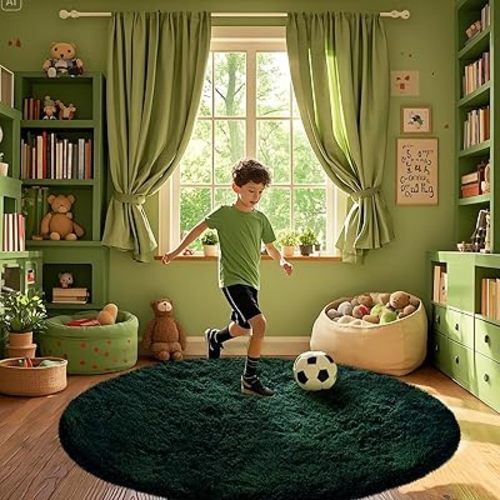 CAIYUECS Dark Green Round Rug for Bedroom: 4x4Feet Soft and Fluffy Area Rug for Living Room- Circle Fuzzy Bedroom Rug- Oval Furry Plush Rug for Kids Room, Nursery (4ft, Dark Green)