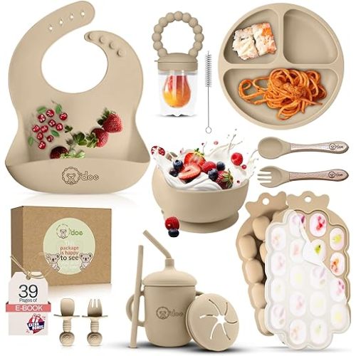 15 Pcs Silicone Baby Feeding Set with Suction Plate, Bowl, Bib, Sippy Cup, Fruit Feeder, Freezer Tray – Baby Plates and Bowls Set (Beige, V5: Nurture Pack [15 Pieces])