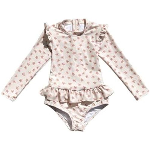 Girls One Piece Swimsuits Zipper Rash Guard Long Sleeve Bathing Suit with Ruffle Hem UPF50+