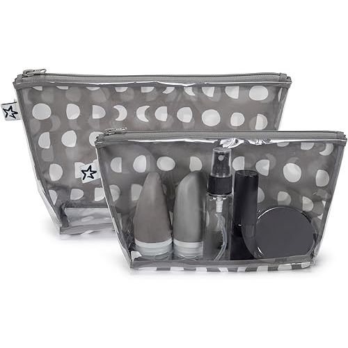Tiny Twinkle Mess-proof Travel Bags, Airline Compliant, Zipper Closure, Clear Front Pouch, Diaper Bag Packing, Toiletry or Cosmetics Organizer 2 Pack Set (Luna)