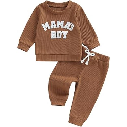 Kupretty Toddler Baby Boy Fall Winter Clothes Embroidery Waffle Knit Sweatshirt Pullover Tops + Casual Pants Outfit Set