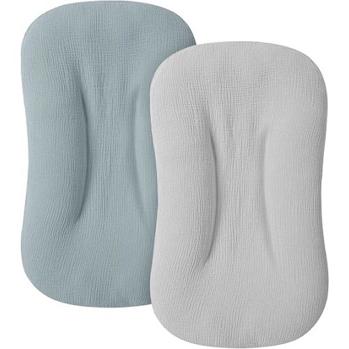 Muslin Baby Cover for Newborn, Soft and Breathable 100% Cotton Lounger Slipcover Neutral, Pack of 2(Blue, Grey)