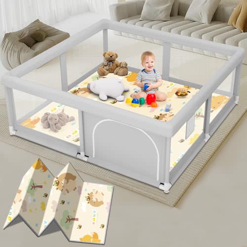 Baby Playpen with Mat, 50 x 50 inch, PlayPen for Babies and Toddlers, Play Yards Indoor & Outdoor, Sturdy Safety Play Pen with Soft Breathable Mesh, Baby Fence