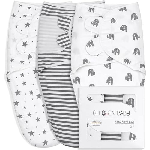 GLLQUEN BABY Swaddle Blankets for Baby Boy Girl, 3-6 Months, Gray Elephant Star & Stripe, 3 Pack Wrap Set, Newborn Adjustable Swaddles Sleep Sack,(Medium/Large)