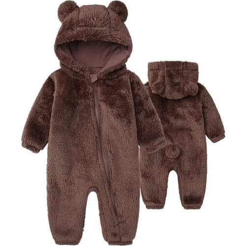 Newborn Baby Jumpsuit Hooded Fleece Rompers Long Sleeve Onesies Outwear Outfits - (0-3)month - Brown-footless