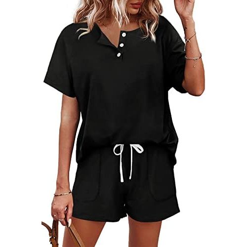 WIHOLL Two Piece Outfits for Women Lounge Sets Button Down Top and Shorts Set Sweatsuits with Pockets