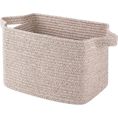 OIAHOMY Cotton Rope Woven Storage Baskets for Shelves, Rectangle Storage Bins with Handles, Towel Basket - 13"×9.85"×8.7", Brown