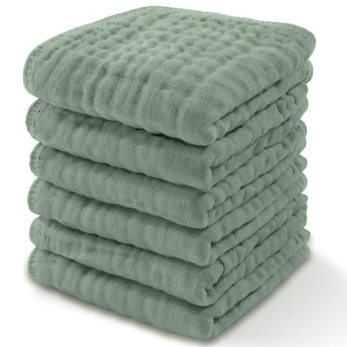 Comfy Cubs Muslin Baby Washcloths 6 Pack - Soft 6-Layer Cotton Wash Cloths for Sensitive Skin - 10"x10" Large, Gentle, Absorbent Infant Essentials for Newborn and Toddlers - (Fern)