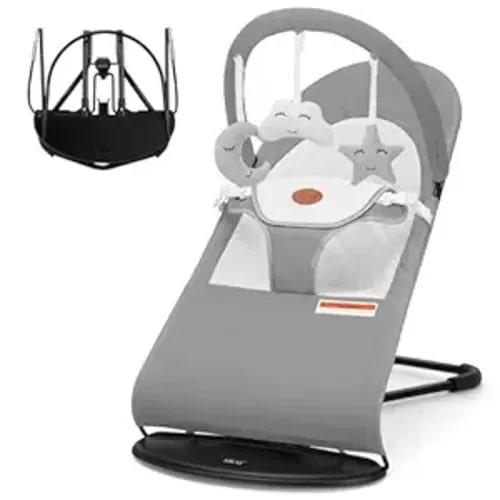 Baby Bouncer, Portable Baby Bouncer Seat for Babies 0-18 Months, 100% Cotton Fabrics, 3 Modes of use with Rocker and Stationary Options, Infant Rocker Chair with Hanging Toys-Light Grey
