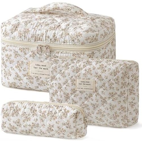 HBselect Quilted Makeup Bag, 3PCS Cotton Large Travel Makeup Bag, Cute Floral Coquette Make up Bag Cosmetic Bag Toiletry Bag for Women Girls