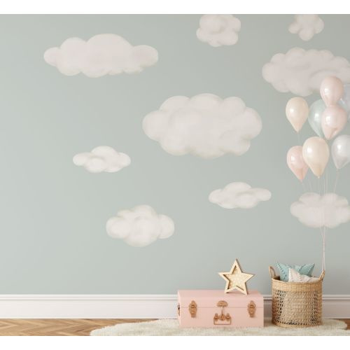 Cloud Wall Decals, Set of 9 Fluffy Clouds, Watercolor Wall Stickers for Nursery Classroom or Playroom, Great for boho bedroom decor - WB083