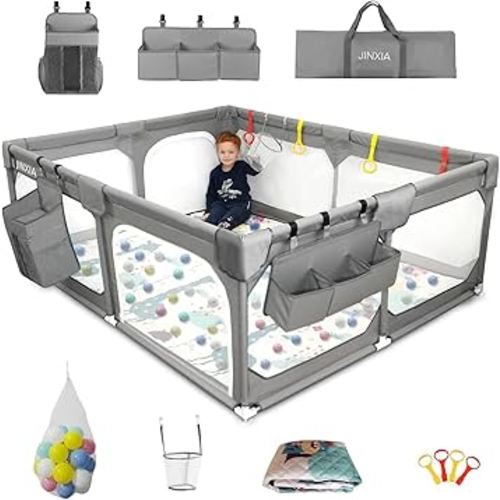 Baby Playpen with Mat 50"*50", Extra Large Playpen for Babies and Toddlers with Storage Bag & Mesh, Fodable Climb-Proof Anti-Fall Baby Playpen, Sturdy Safety Play Yard for Indoor Outdoor Fun, Grey