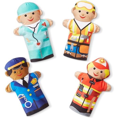 Melissa & Doug Jolly Helpers Hand Puppets (Set of 4) - Construction Worker, Doctor, Police Officer, and Firefighter