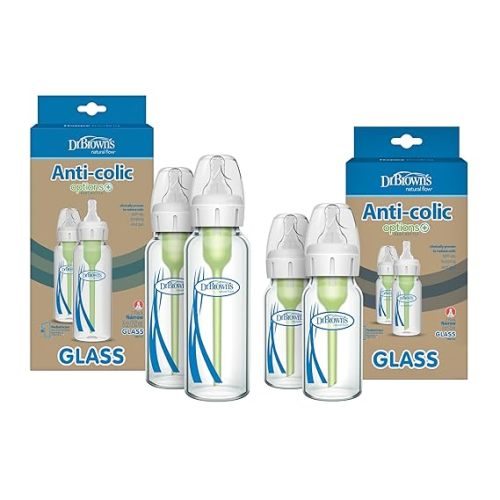 Dr. Brown's Natural Flow Anti-Colic Options+ Narrow Glass Baby Bottles, Made in The USA, BPA Free, 8oz and 4oz, 0m+, 4-Pack
