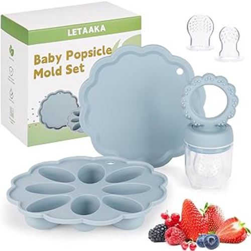 Silicone Baby Fruit Food Feeder Breastmilk Popsicle Mold Set, Baby Teething Toy for Safe Infant Self Feeding, Baby Food Freezer Tray with Lid for Teething Relief Includes 3 Food Pacifiers(Blue)