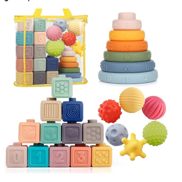 Montessori Toys Soft Stacking Building Blocks Rings Balls Sets 3 in 1 Baby Toys Bundle for Babies Sensory for Toddlers Teething Bath for Infants Learning Education Toy