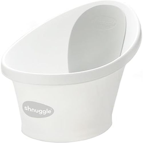 Shnuggle Newborn Baby Bath | Built in Support Bump and Soft Backrest | Suitable from Newborn | Bath Seat Support Includes Plug | White with Grey Backrest