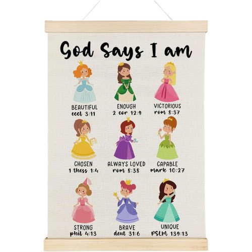 Nrleey God Says I Am Christian Wall Decor with Wooden Poster Hanger - Princess Room Decor for Girls Bedroom, Inspirational Bible Verse Wall Art Posters for Girls Room Nursery, 12x16 Inch