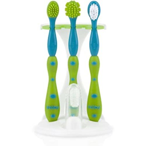 Nuby 4-Stage Oral Care Set with 1 Silicone Finger Massager, 2 Massaging Brushes, 1 Nylon Bristle Toddler Tooth Brush, Green/Aqua
