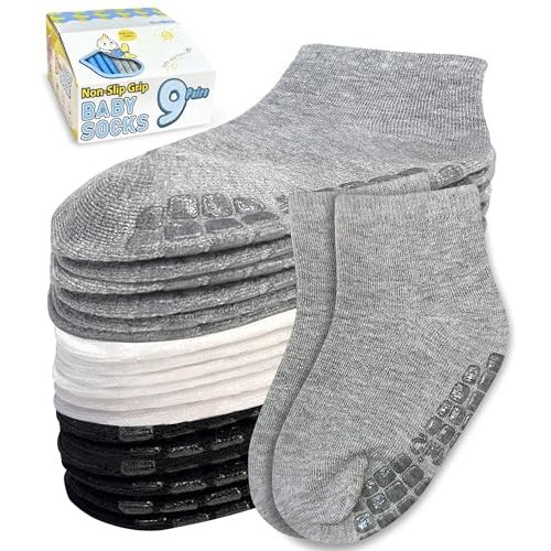Baby Mid-Crew Socks with Grips (9 Pairs) for 0-7 Years Old Toddler Boy Girl Kids