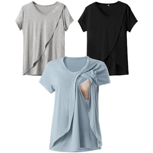 Rnxrbb V Neck Nursing Tops for Breastfeeding Tshirts Summer Postpartum Clothes Sets Short Sleeve 3 Pack Double Layer