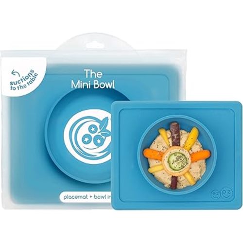 ezpz Mini Bowl for 12 Months+ (Blue) - 100% Silicone Suction Bowl with Built-in Placemat for Toddlers - Comes with a Reusable Travel Bag