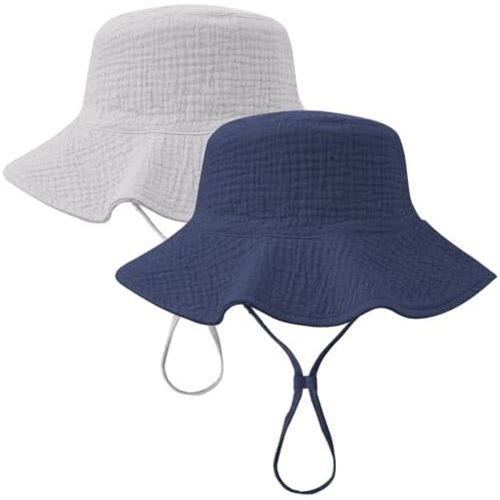 Konssy 2 Pack Muslin Baby Sun Hat UPF 50+ Sun Protection Baby Bucket Hat Summer Beach Hats with Wide Brim for Boys & Girls