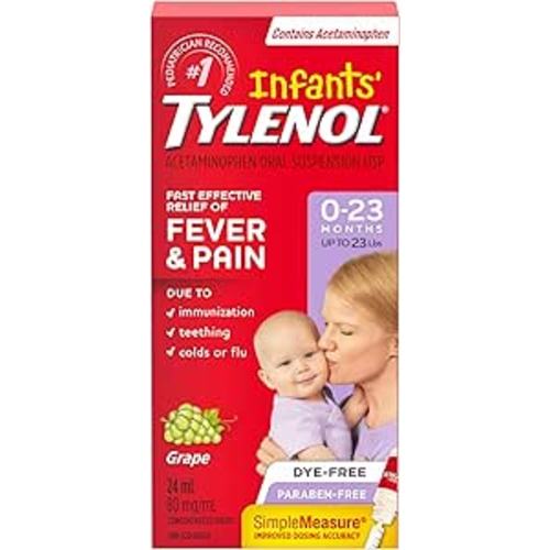 Tylenol Infant Fever, Teething and Pain Reliever for Baby, Grape Suspension Medicine, Dye Free, 24ML