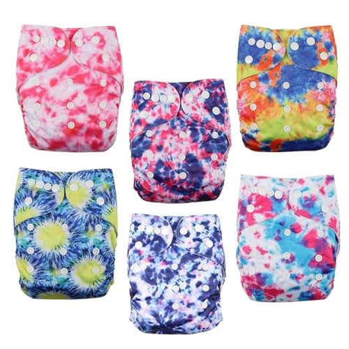 wegreeco Washable Reusable Baby Cloth Pocket Diapers 6 Pack + 6 Rayon Made from Bamboo Inserts (with 1 Wet Bag, Tie-dye)