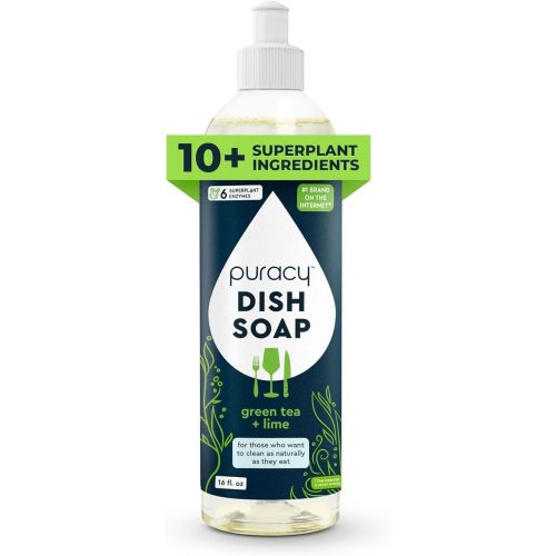 Puracy Natural Dish Soap - Skin-Softening Plant-Based Dishwashing Soap, Non-Toxic Dish Soap, Organic Liquid Dishwashing Detergent Soap (Green Tea & Lime, 16 fl oz)