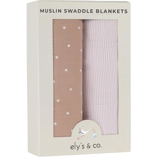 Ely's & Co. Muslin Swaddle Blanket 2-Pack — 100% Cotton Muslin Extra-Large Swaddle Blankets (47” x 47”) White Tulip on Pink + Stripes