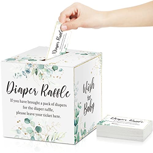 Pajean 51 Pcs Greenery Diaper Raffle Tickets with Raffle Card Sign Box Baby Shower Party Decorations Leaves Insert Invitations Card, Bring a Pack of Diapers to Win Prize