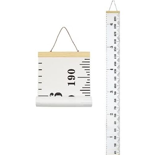 MinoMia Kids Growth Chart, Wood Frame Fabric Canvas Height Measurement Ruler from Baby to Adult for Child's Room Decoration 7.9 x 79in (7.9 x 79in, White & Black)