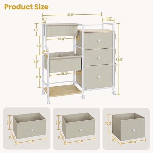 3 Tier Rolling Cart, Baby Organizer and Storage Cart with Dividers and Drawers, Newborn Baby Essentials Storage Cart with Wheels for Nursery, Bedroom, Beige