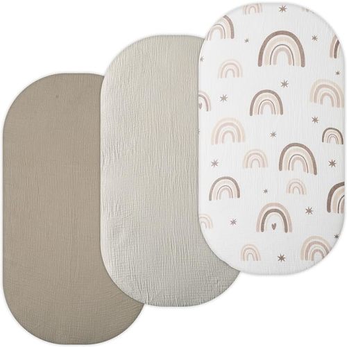 TansyPanda Muslin Halo Bassinet Sheets for BassiNest Luxe Swivel, Soothing, Swivel, Lite, Essential Sleeper, 3 Pack, 33 X 17 Inch, Ultra Soft, Snug Fit, Unisex Boys Girls, Gray White (Maadi)
