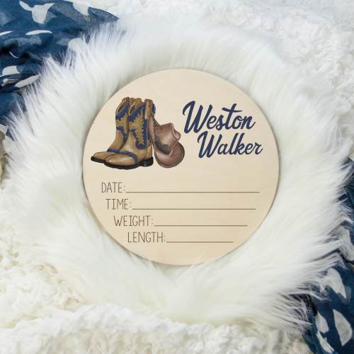 Cowboy Birth Stat Sign, Round Wood Birth Stat Sign, Western Birth Stat Sign, Cowboy Boots Personalized Birth Stat Sign, Newborn Gift D8