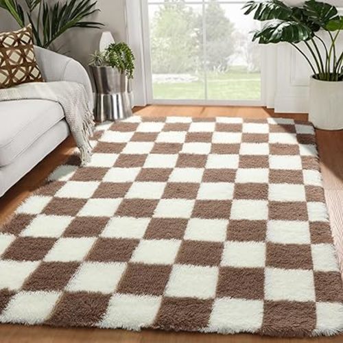 KICMOR 4x6 Brown and Cream White Area Rugs for Bedroom, Fluffy Shag Shaggy Fuzzy Checkered Living Room Rug, Soft and Comfy Bedside Carpet, Furry Plush Rug for Kids Room Nursery Home Decor Aesthetic