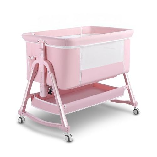 Uuoeebb 4 in 1 Bedside Bassinet for Baby, Portable Baby Bassinet with Wheels, Baby Crib with Mosquito Net, Storage and Mattress Included, Foldable Travel Bassinet for Baby/Newborn (Pink)