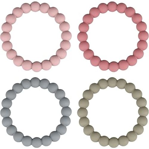 Baby Teether Rings, Food Grade Silicone Teether Bracelets for 3m+ Babies to Self-Soothe - Includes 4 Neutral Baby Rings