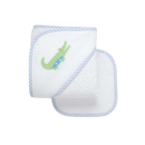 Alligator Applique Hooded Towel & Washcloth Set, Blue