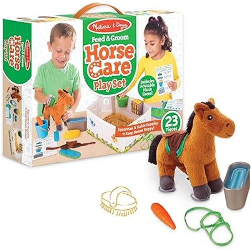 Melissa & Doug Feed & Groom Horse Care Play Set With Plush Stuffed Animal (23 pcs) - Pretend Play Horse Plush Toys For Girls And Boys Toddlers Ages 1+, Multi-colored