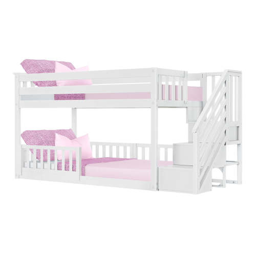 Twin Over Twin Low Bunk Bed With Stairs & Guardrails – Max and Lily