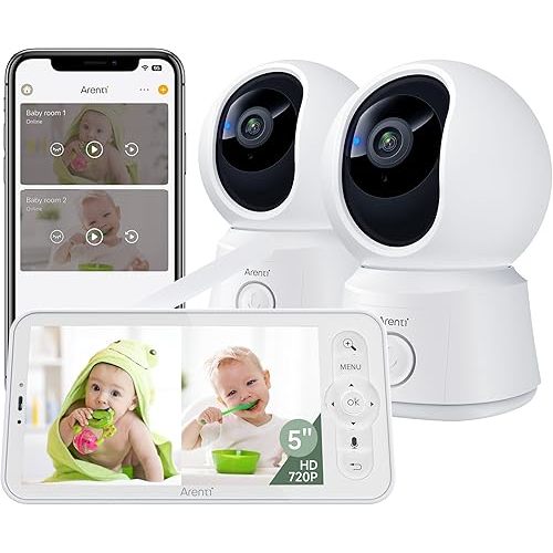 ARENTI Baby Monitor 2 Cameras, Smart Baby Camera with 5-Inch Wireless Display, Super Night Vision, Temperature Sensor, Sound Detection, Auto Motion Tracking, 2-Way Audio, VOX Mode(B2 Set)