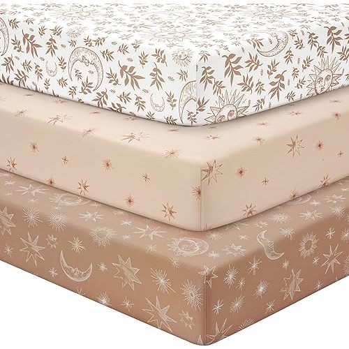 Baby Crib Sheets for Boys Girls, Fitted Crib Sheet Neutral 3 Pack for Standard Crib and Toddler Mattress, Breathable Soft Microfiber Baby Sheet 28x52x8in White Brown Sun God
