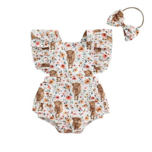 Girls Western Baby Girl Clothes 6M 12M 18M 24M Cow Print Romper Ruffle Sleeveless Onesie Bodysuit Headband Infant Cowgirl Outfit