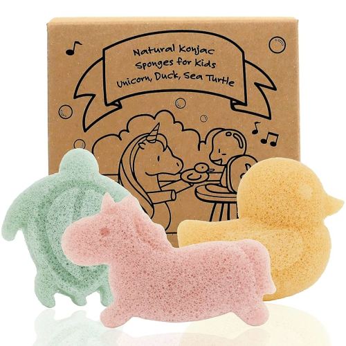 myHomeBody Konjac Baby Sponge for Bathing, Cute Shapes Natural Kids Bath loofah for Infants, Toddler, Newborns, Safe Plant-Based, 3pc. Set: Unicorn, Duck, Sea Turtle