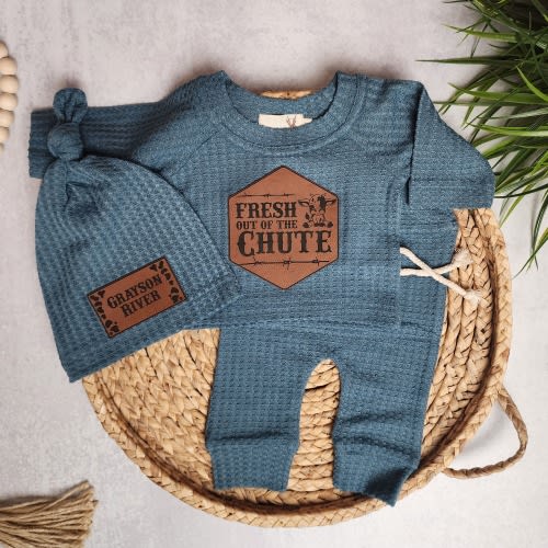 Newborn Outfit | Fresh Out of the Chute | Waffle Outfit | Cattle Herd Newborn | Baby Announcement Clothing | Name Hat | Gift for Baby