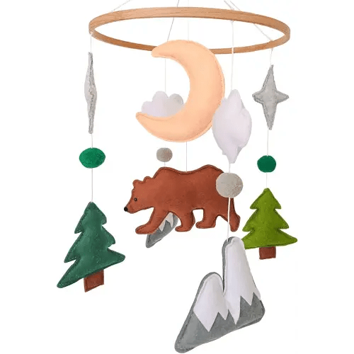 Woodland Baby Mobile, Woodland Mobile for Crib, Bear Crib Mobile for Boys, Nursery Mobile for Bassinet, Pack and Play, Bear Cloud Moon Star Mobile, Mountain Nursery Decor