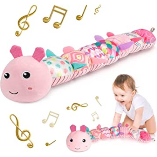 Sumobaby Infant Baby Musical Stuffed Animal Activity Soft Toys with Multi-Sensory Crinkle, Rattle and Textures, for Tummy Time Newborn 0-3-6-12 Months Girls, Caterpillar, Pink